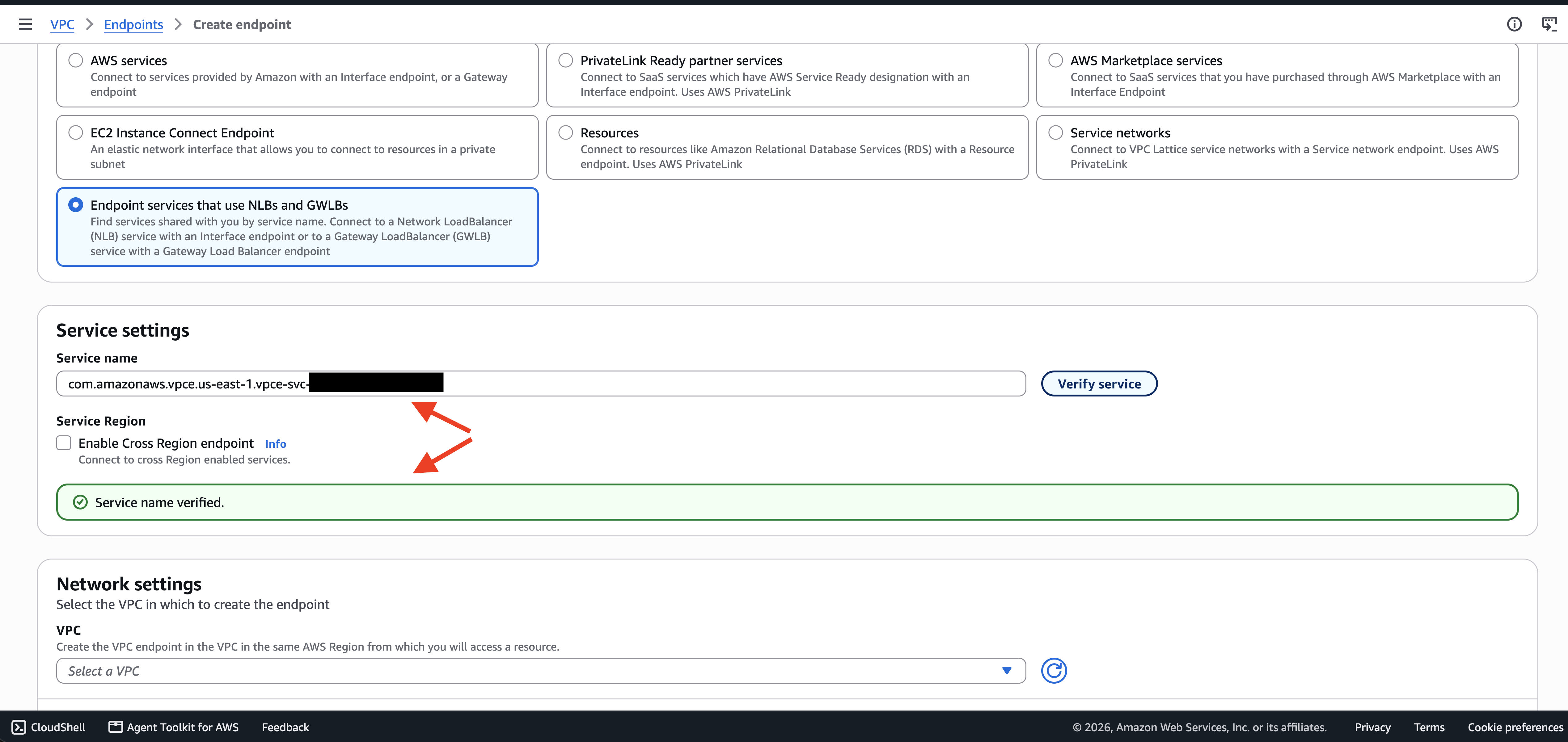 Service name entered and verified, with Cross Region endpoint left disabled Service name entered and verified, with Cross Region endpoint left disabled