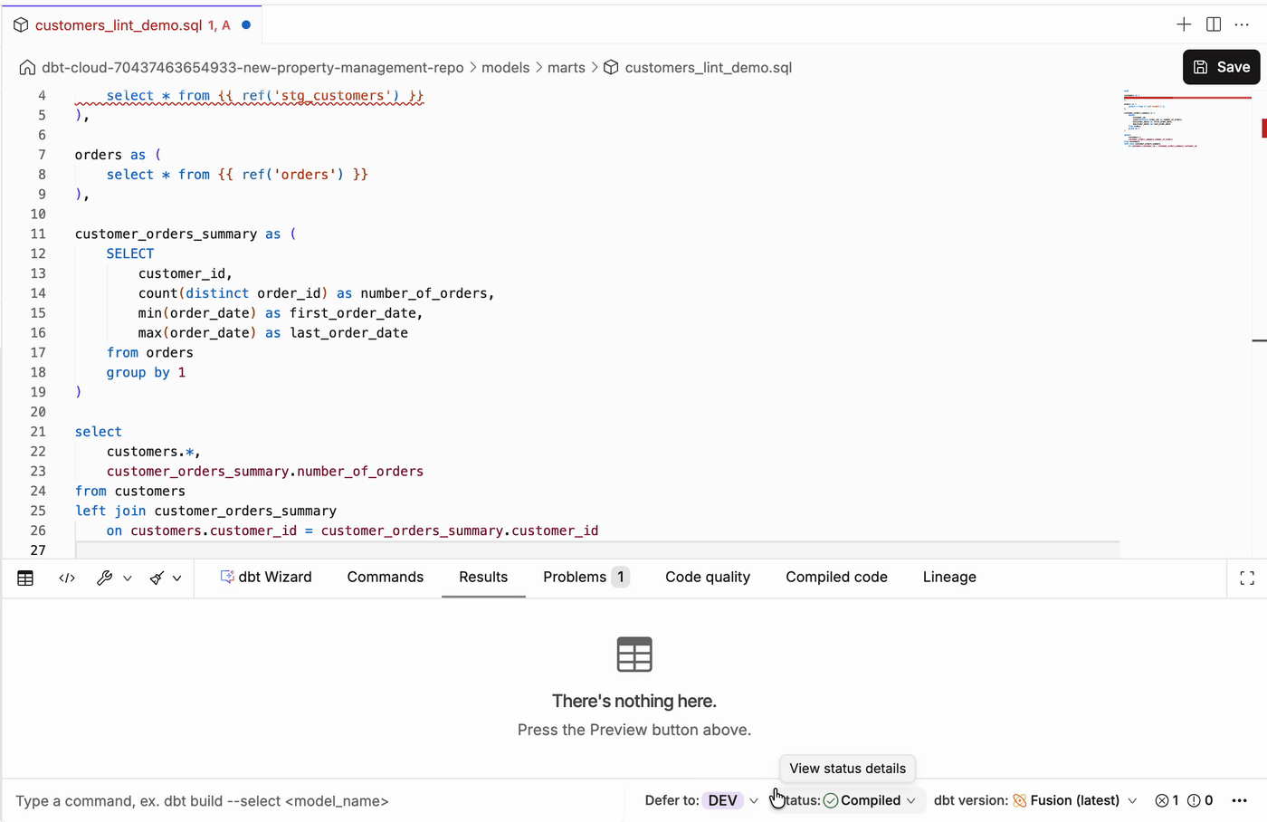 Use SQLFluff to lint/format your SQL code, and view code errors in the Code Quality tab.
